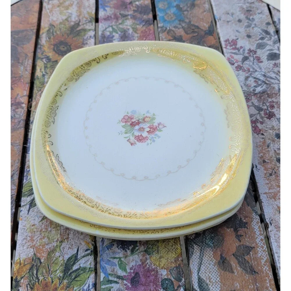 Paden City Pottery Yellow Square Plates - Mid-Century American China - Set of 3